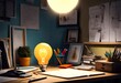A glowing lightbulb suspended above a cluttered desk, symbolizing the spark of creativity and innovative ideas