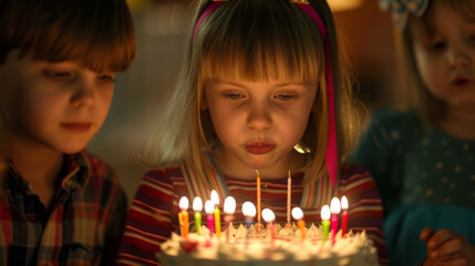 Canvas Print - Three children gather around a birthday cake, one making a wish before blowing out the candles.