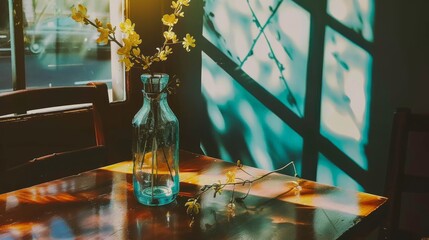 Wall Mural -  a vase with yellow flowers sitting on a table in front of a window with a shadow cast on the wall.