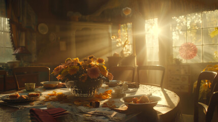 Poster -  a table with a vase of flowers on top of it and plates of food on the table in front of it.