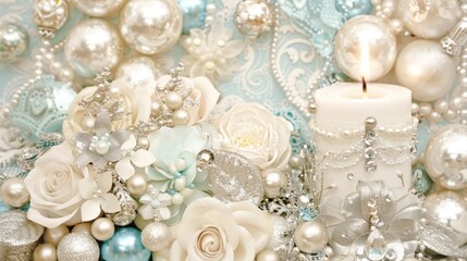 Wall Mural -  a white candle sitting on top of a table next to a bunch of white and silver ornaments and ornaments around it.