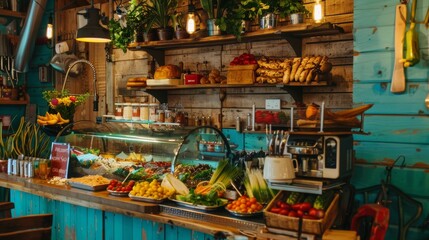 Poster -  a store filled with lots of fresh fruits and vegetables next to a wall of shelves filled with pots and pans of food.