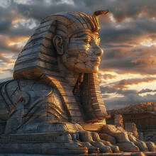 Ancient Sphinx, Enigmatic Guardian, A Relic Of Lost Civilizations, Standing Among Ruins, Gazing Into The Horizon, 3D Render, Golden Hour, Bokeh Effect