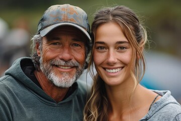 A fit active father embraces his adult daughter in a lush park, radiating love and joy.