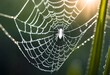 A dew-kissed cobweb delicately woven between sunlit halm blades, with a spider resting at its heart