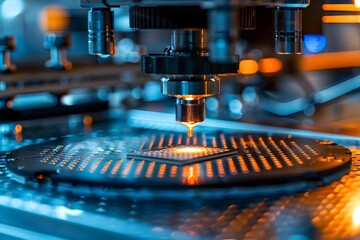 Wall Mural - Etching Process of a Semiconductor Chip on a Metal Table in a Manufacturing Facility. Concept Semiconductor Etching, Metal Table, Manufacturing Facility