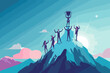 Triumph in Teamwork: Diverse Business Team Celebrates Victory with Trophy on Mountain Peak, Symbolizing Achievement, Unity, and Strategic Success in Corporate World, Ideal for Web and Marketing Use