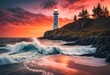 A picturesque lighthouse standing tall against the backdrop of a vibrant sunset, perfectly framed to grace your Mac wallpaper with natural beauty