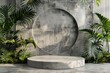Circular concrete wall frame and tropical foliage adorn the sleek modern podium