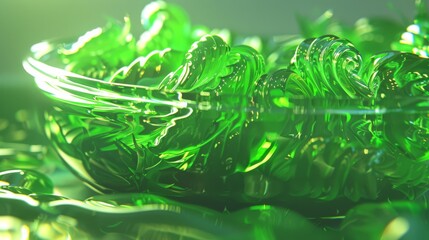 Wall Mural -  a close up of a glass bowl filled with green leaves and a light reflecting off of it's surface.