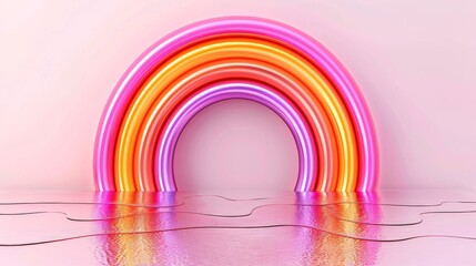 Canvas Print -  a rainbow shaped neon sign sitting on top of a white floor in front of a pink wall with wires coming out of it.