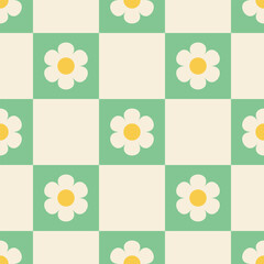 Wall Mural - Yellow and white flowers on green checkered background. Vector seamless pattern in soft retro pastel colors.