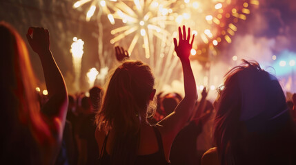 Wall Mural - A crowd of spectators at a festival with fireworks lighting up the night sky.