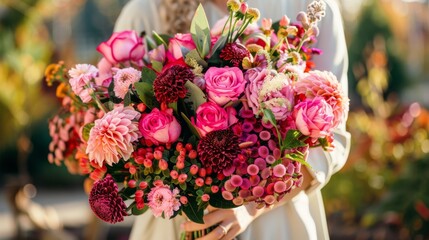 Sticker -  a close up of a person holding a bouquet of flowers with pink and red flowers in the middle of the bouquet.