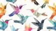 A playful pattern of colorful hummingbirds in various sizes and shapes, arranged on a white background.  not seamless
