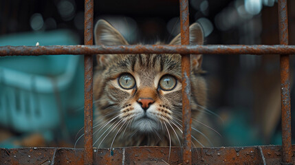 poor sad cat locked up in animal shelter