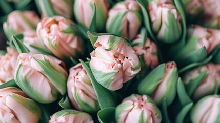   a bunch of pink tulips with green leaves in the foreground and a single flower in the middle of the picture.