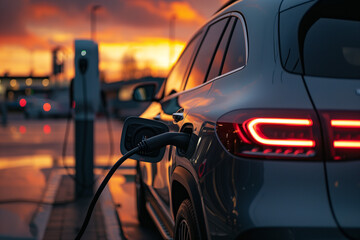 Exterior close up of electric Mercedes GLA charging at the station in sunset light