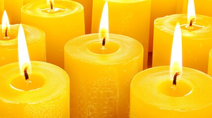 Wall Mural -  a group of yellow candles sitting next to each other in front of a wall of yellow rolls of toilet paper.