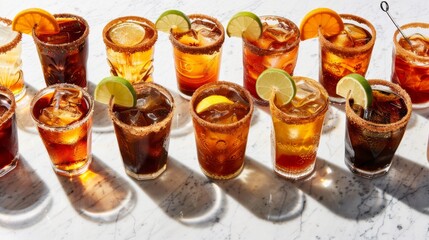  a table topped with lots of glasses filled with different types of drinks and garnished with limes and limes.