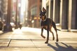 A Doberman trotting gracefully along a city sidewalk, its glossy coat shimmering in the urban sunlight, Copy Space.