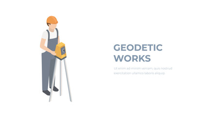 Isometric surveying engineer with equipment level theodolite on tripod isolated on white background. Professional engineer surveyor takes measures with theodolite. Construction geodetic concept.