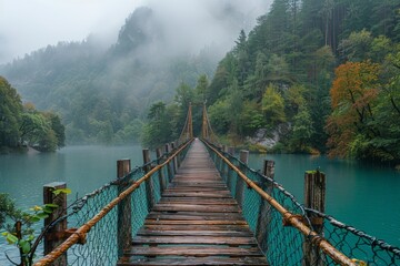 Wall Mural - old wood bridge over the lake or river, forests in background, generated with AI