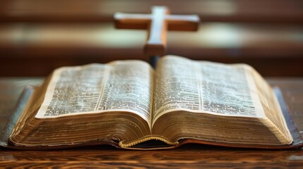Wall Mural - A close-up view of the opened bible with a cross in soft focus in the background, generated with AI