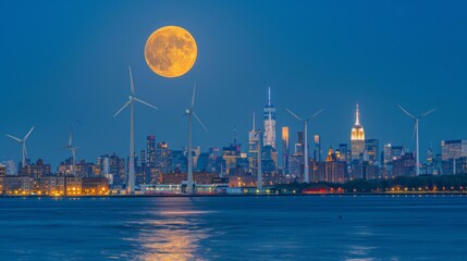 Wall Mural - new york skyline with turbine windmills between buildings, full moon at night 