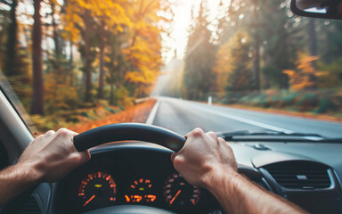 Driver's hands on steering wheel inside car. Concept of driving, traveling, transporting, safety road