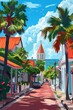 An illustration poster design of the boulevard of grand case in st martin at noon, bright colors, surrealistic,generated with AI