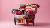 Fototapeta  - Un trono de conocimiento y narrativa, esta silla ofrece un refugio caprichoso, sus cojines y estructura adornados con los lomos coloridos de innumerables historias.