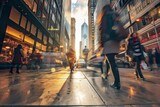 Fototapeta Uliczki - A diverse group of individuals walk down a bustling city street flanked by tall buildings, showcasing the vibrancy of urban life
