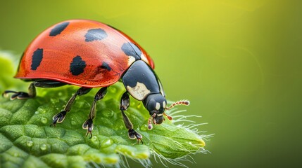 Macro photo of a ladybug crawling on a leaf, vibrant red color and white spots, generated with AI