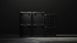 Mockup set of road cases for the filming equipment in the dark minimal, generated with AI
