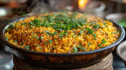 Masala rice, yellow rice with chopped cilantro in a big bowl, shot by skyler burt with canon ef-s 35mm f/2.8 macro is stm and professional lighting, generated with AI