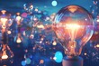 Glowing light bulb with different colors splashed on a blurred bright multi-colored background, progress and innovation and idea concept