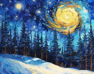 Wall Mural - Starry sky, pine forest, yellow and blue lights, generated with AI