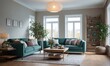 © kineter_ai - A Haven for Relaxation: Cozy Living Room with Inviting Atmosphere. Inviting Living Room Interior with Comfy Sofa. Cozy Living Room with Bookshelves