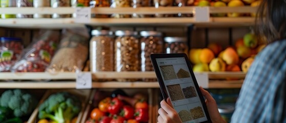 Nutrition consultation session in progress, where a nutritionist uses a tablet to show a client interactive meal planning software app against a background of a well-stocked healthy pantry. 