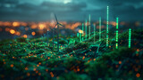 Fototapeta  - Stock market graphs and economic data visualized with icons of solar panels and wind turbines, uprising green stockmarket graph, green symbols,generative ai
