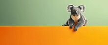 3d Realistic Koala Sitting On The Edge Of An Orange Rectangle, Green Background. AI Generated Illustration