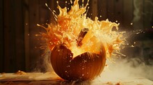 Exploding Pumpkin With Splashing Juice Isolated On A Dark Background. Halloween Celebration And Autumn Concept