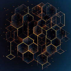 Wall Mural - A close up of a hexagonal pattern with gold and blue colors. The pattern is made up of small squares and triangles. The image has a futuristic and modern feel to it