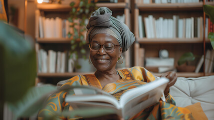 Sticker - A photo of a smiling african old woman wearing modern outfit, she is reading a thin large white magazine inside her cozy modern living room with no plants, evening light,