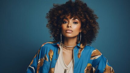 Wall Mural - Woman With Curly Hair Wearing Blue Jacket