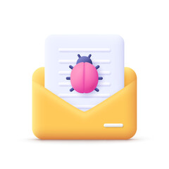 Poster - Envelope with mail and virus bug spam alert. Mail infected malware. Email spam, phishing, scam and hacker attack concept. 3d vector icon. Cartoon minimal style.