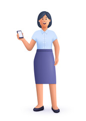 Poster - Young smiling woman standing , holding and showing smartphone display. 3d vector people character illustration. Cartoon minimal style.