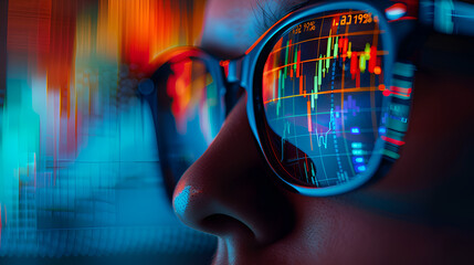 Cryptocurrency trading, stock market trading graphs reflected in a person's glasses design concept, copy space 