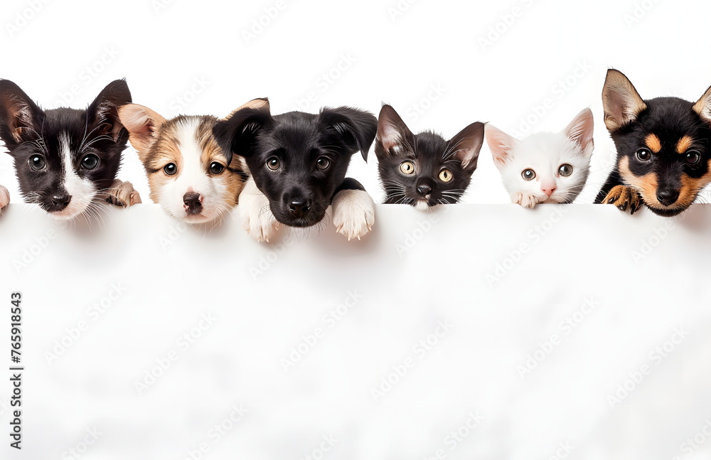 row of adorable cats and dogs peeking out from behind a white blank ...
